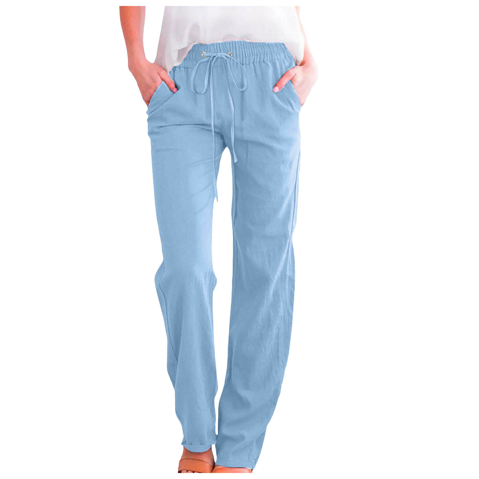 Pantalones de mujer de cintura alta y pierna ancha con cordón elástico - Poliéster, estilo informal, bolsillos - S-XXL